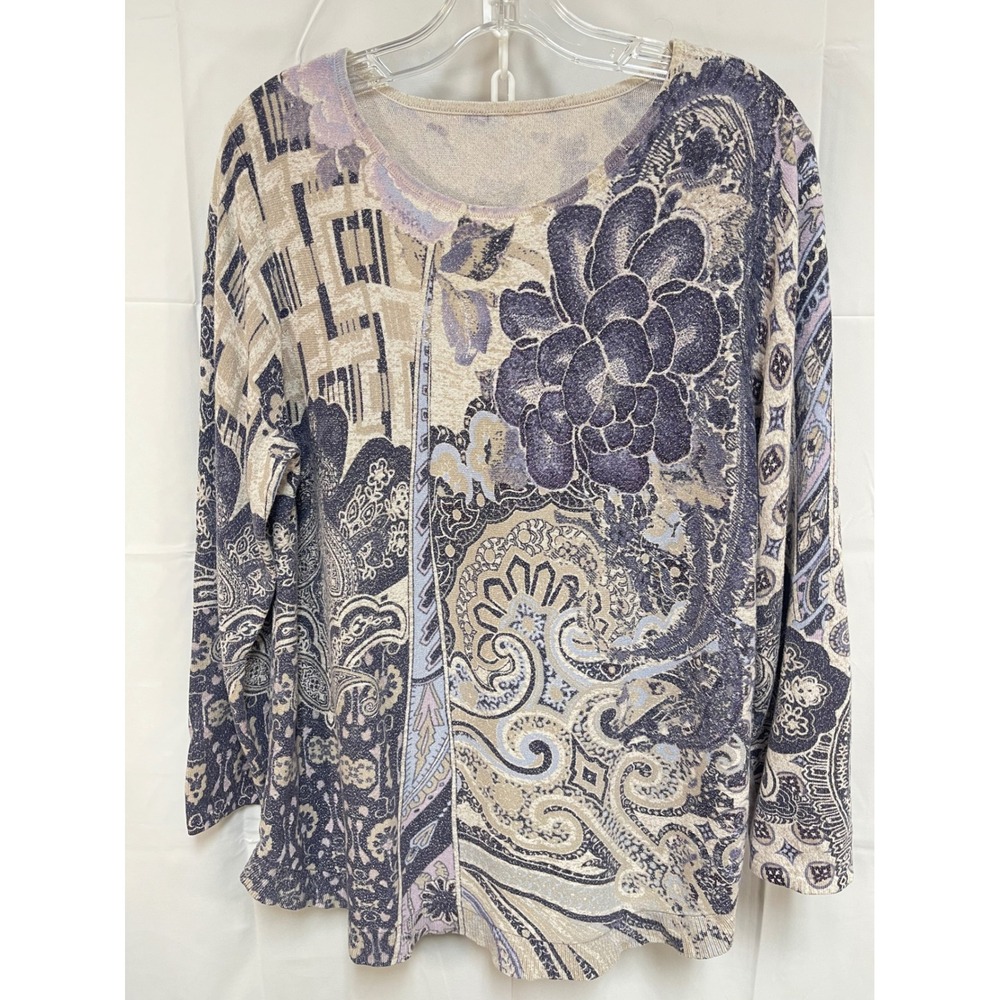 Chico's Purple Floral Paisley Metallic Knit Sweater 3/4 Sleeve Whimsy Boho M/L